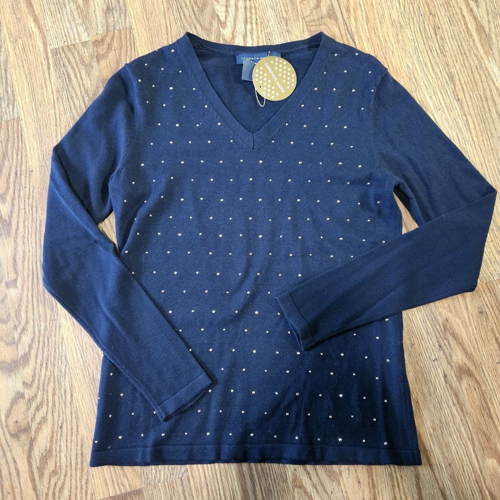 New Tommy Hilfiger Women S Shirt Business Casual Vneck Rhinestone Navy Blue Chic